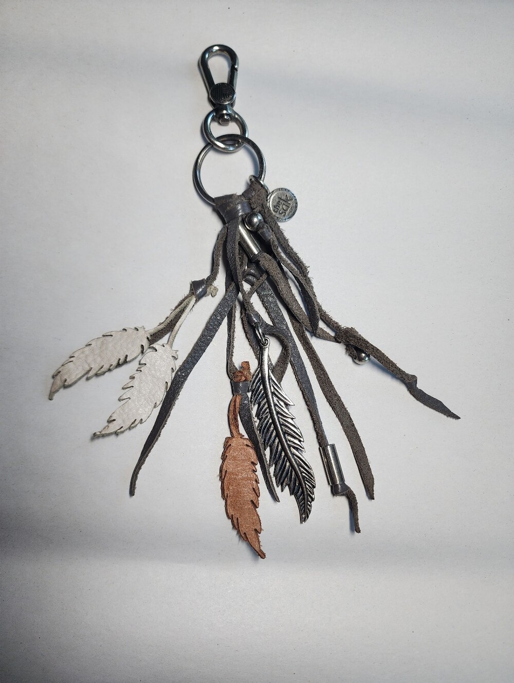 The Sak Leather Feather Tassel Keychain Charm Gray, White & Brown Bohemian